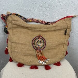Catori Burlap Shoulder Bag Red Tassel Beads Boho Vacation